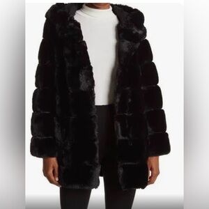 BCBG faux fur coat. With hood! Worn twice!